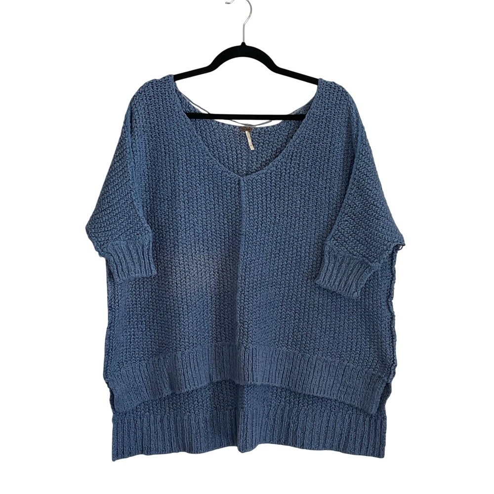 Free‎ People Blue Oversized V-Neck Chunky Knit Sweater Cotton Blend XS/S